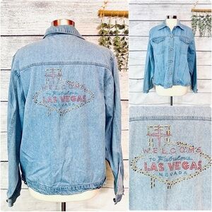 3/$22🩶 Vintage 90s Get Lucky Las Vegas Denim Trucker Jacket Women’s Large